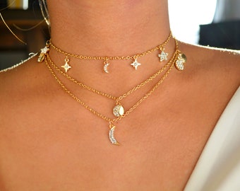 gold moon star set / star choker / gold moon choker /moon star necklace/ north star choker necklace/lunar jewelry/gold star choker/celestial