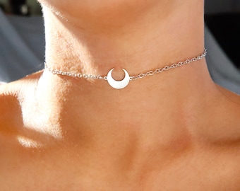 dainty silver moon choker / dainty silver crescent moon choker / silver reversed moon choker / reversed crescent moon choker / wiccan gift