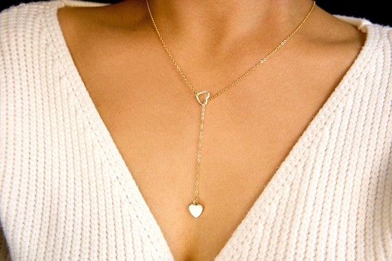dainty heart charm lariat y necklace, gold silver long lariats, cute romantic dangling heart jewelry, elegant unique gift for her, charming