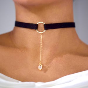 Black O Ring Choker: Suede Collar with Diamond Lariat Charm