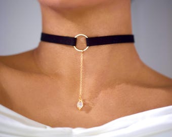 Black O Ring Choker: Suede Collar with Diamond Lariat Charm