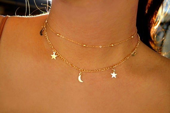 Crescent Moon Velvet Elastic Gold Chain 3 Piece Choker Set – Gypsy Wild Shop