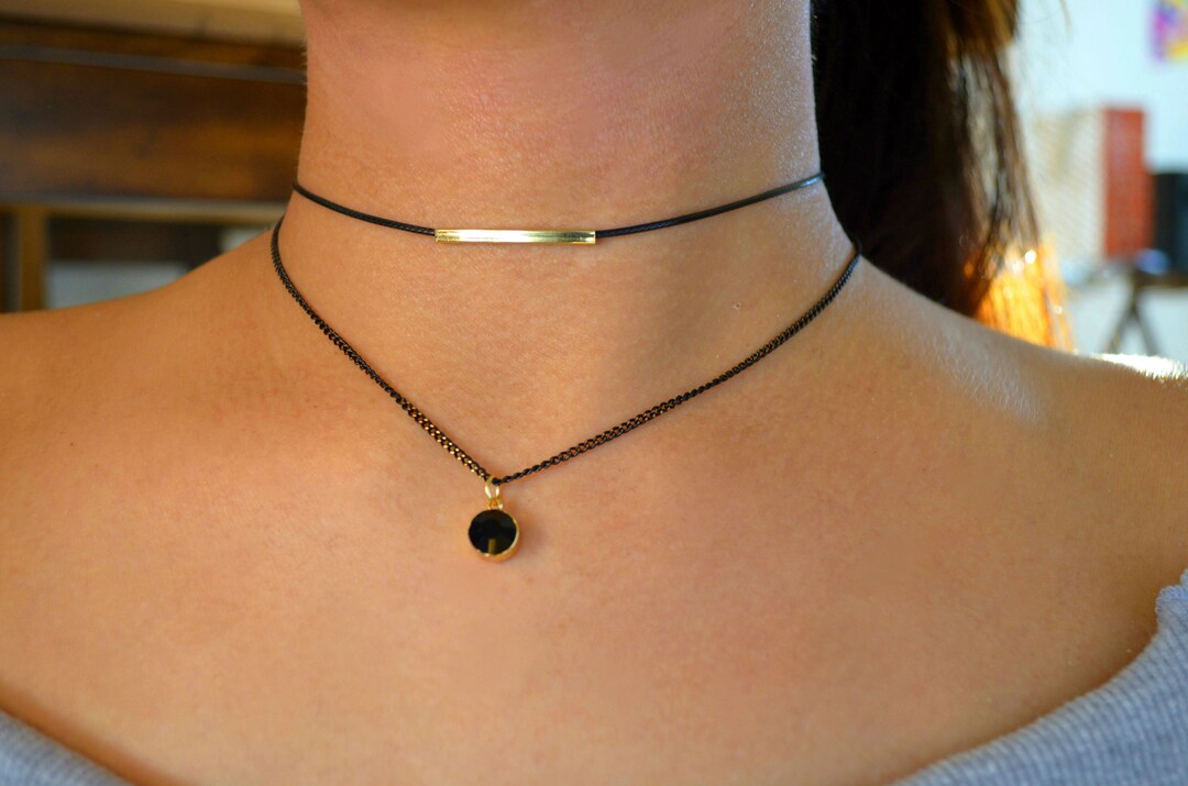 silver or gold Black cord set necklace thin leather choker bar pendant dainty Black chokers classy elegant jewelry gift for her romantic