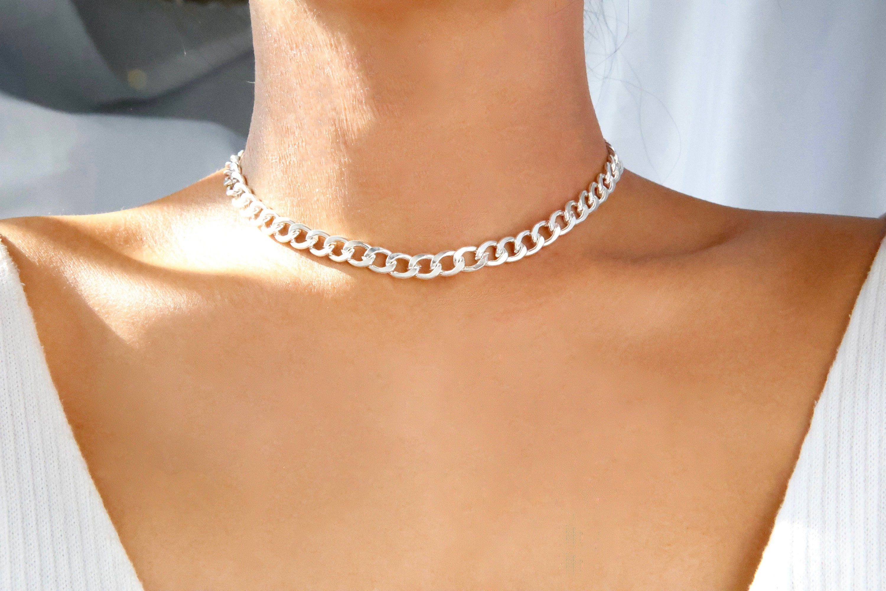 Silver Curb Chain Choker Necklace / Simple Silver Curb Chain