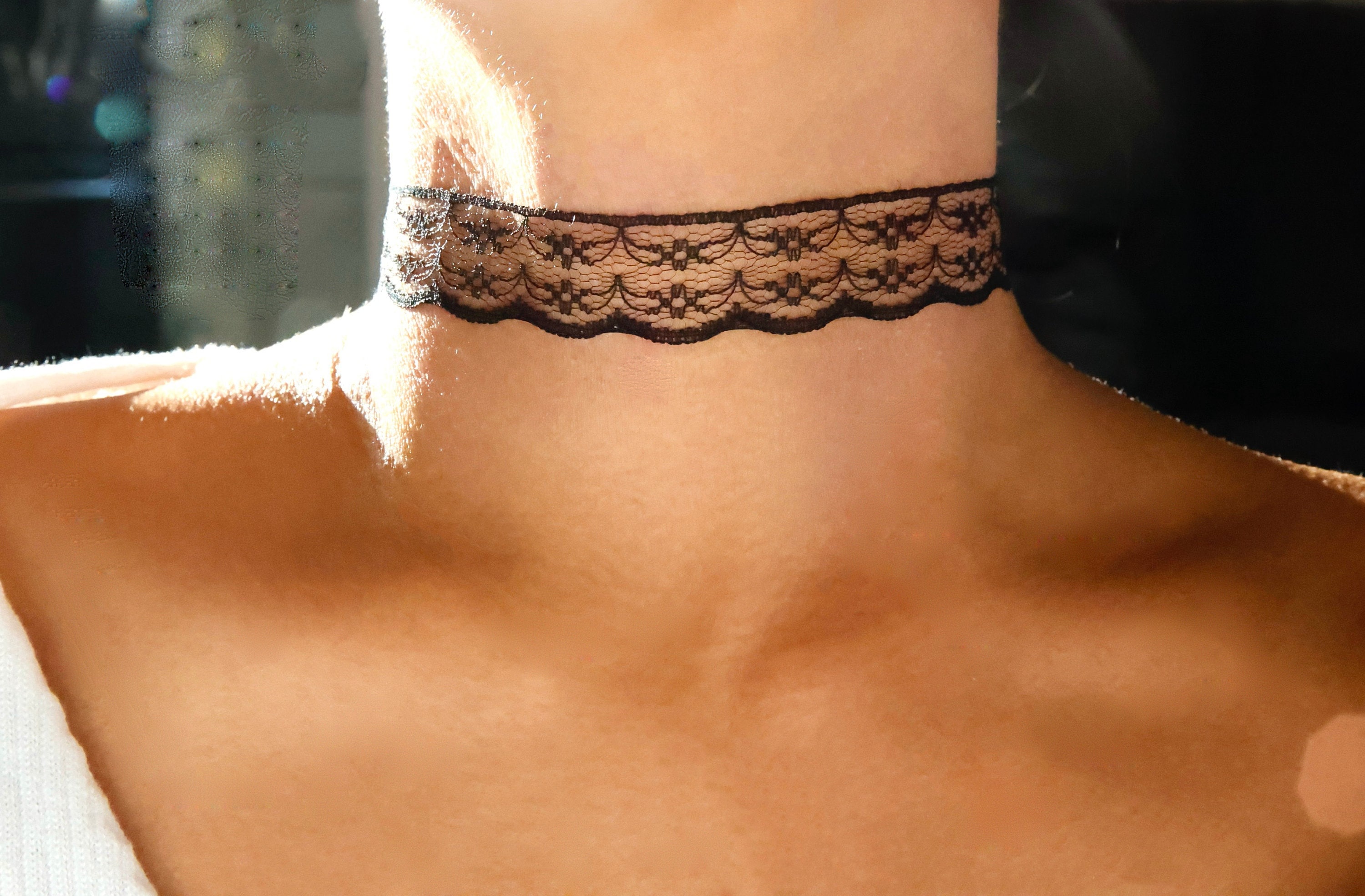 black floral lace choker, detailed see through flower daisy curtain drape style lacy chokers, romantic sweet delicate elegant classy gift