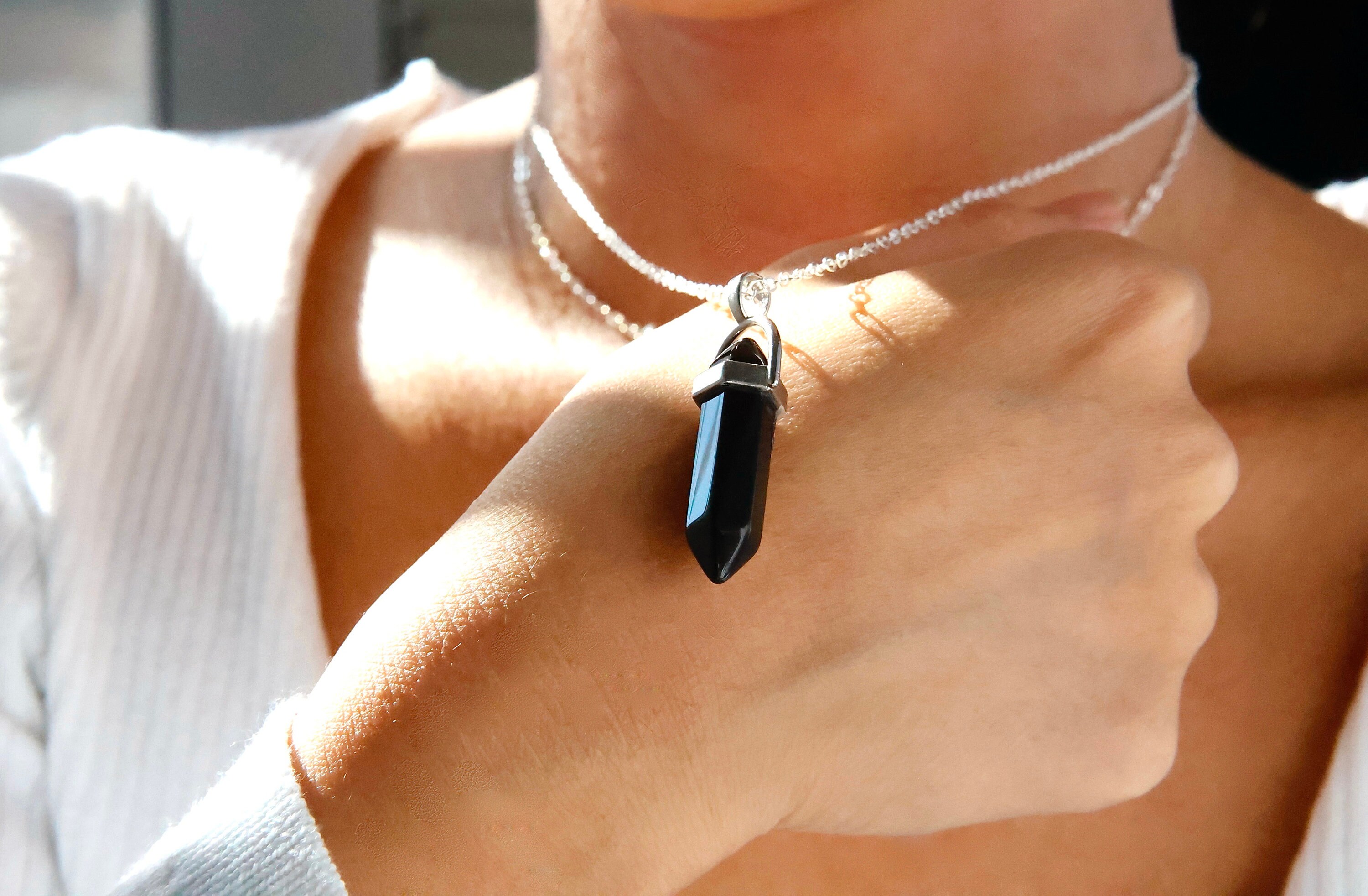 2 COLORS, Black Bullet Crystal Layered Necklace / Black