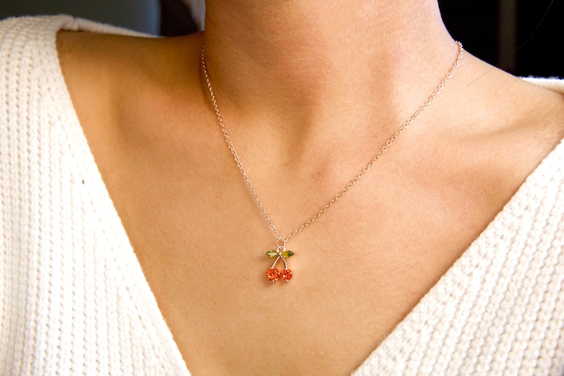 dainty rose gold cherry necklace / dainty cherry pendant necklace / cherry diamond necklace / cherry necklace gift / red cherry pendant image 3