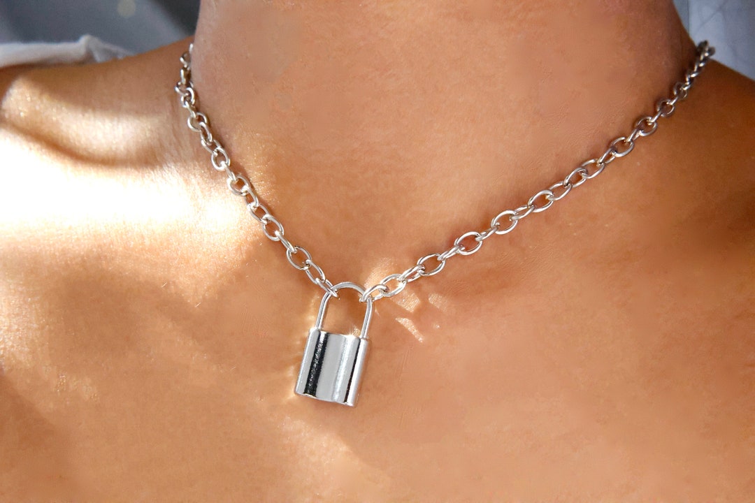 Padlock Chain Necklace: Gold or Silver Lock Pendant Rolo Necklaces