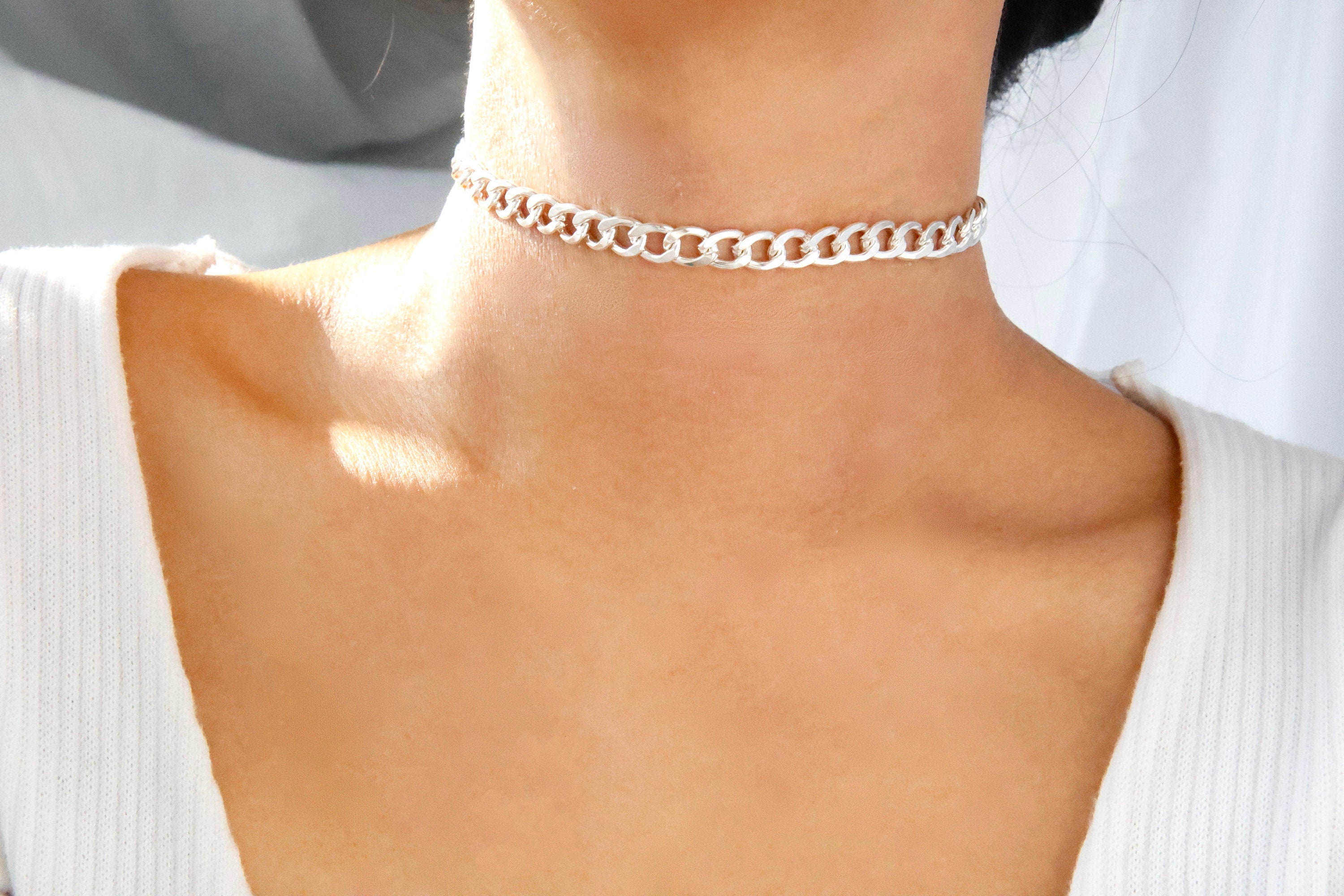 Silver Curb Chain Choker Necklace / Simple Silver Curb Chain