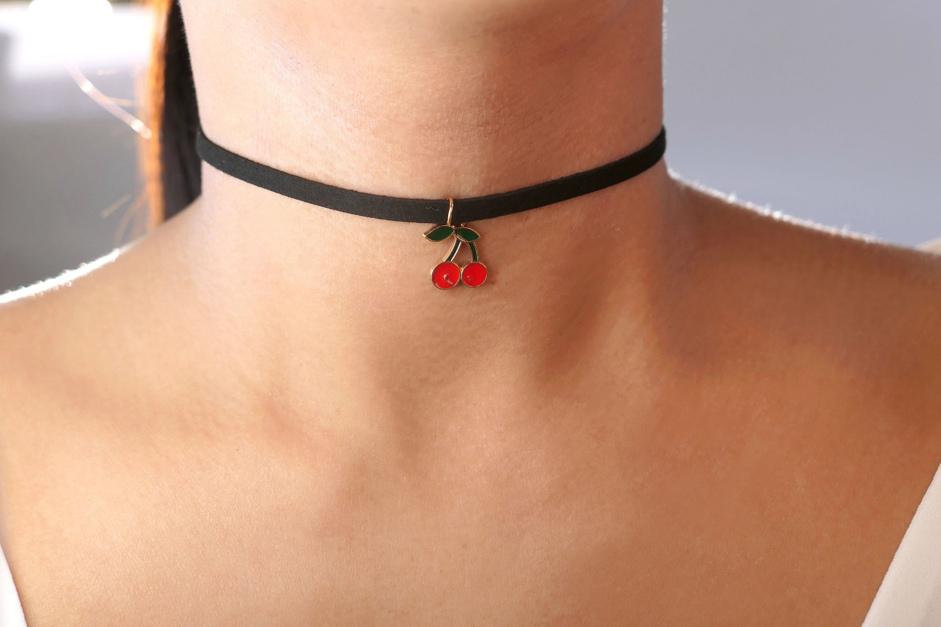 Cherry Choker Red Cherry Choker Black Choker Cherry Dainty Cherry Choker Cherry Choker Charm Leather Choker Cute Chokers Etsy