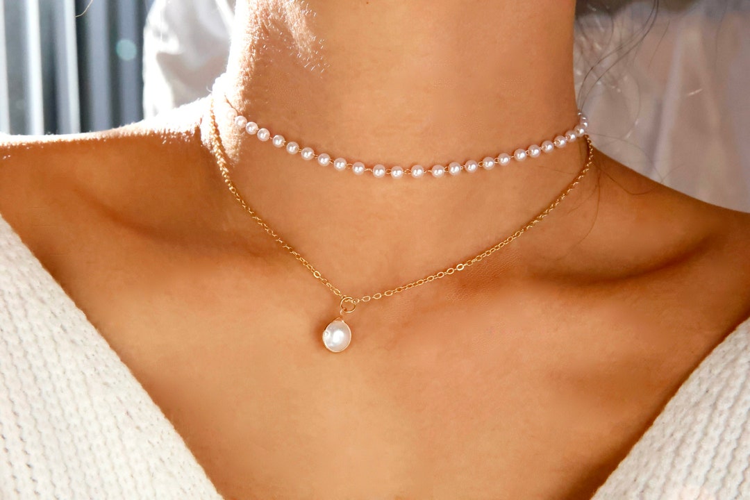 Layered Pearl Necklace: Dainty Double Layer Gold or Silver Faux Pearl  Choker - Etsy