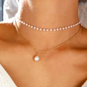 Perlen-Halsketten-Set / goldene Perlenkette geschichtet / silberne Perlenkette geschichtet / Brautjungfern-Perlenkette / Brautjungfern-Perle Gold