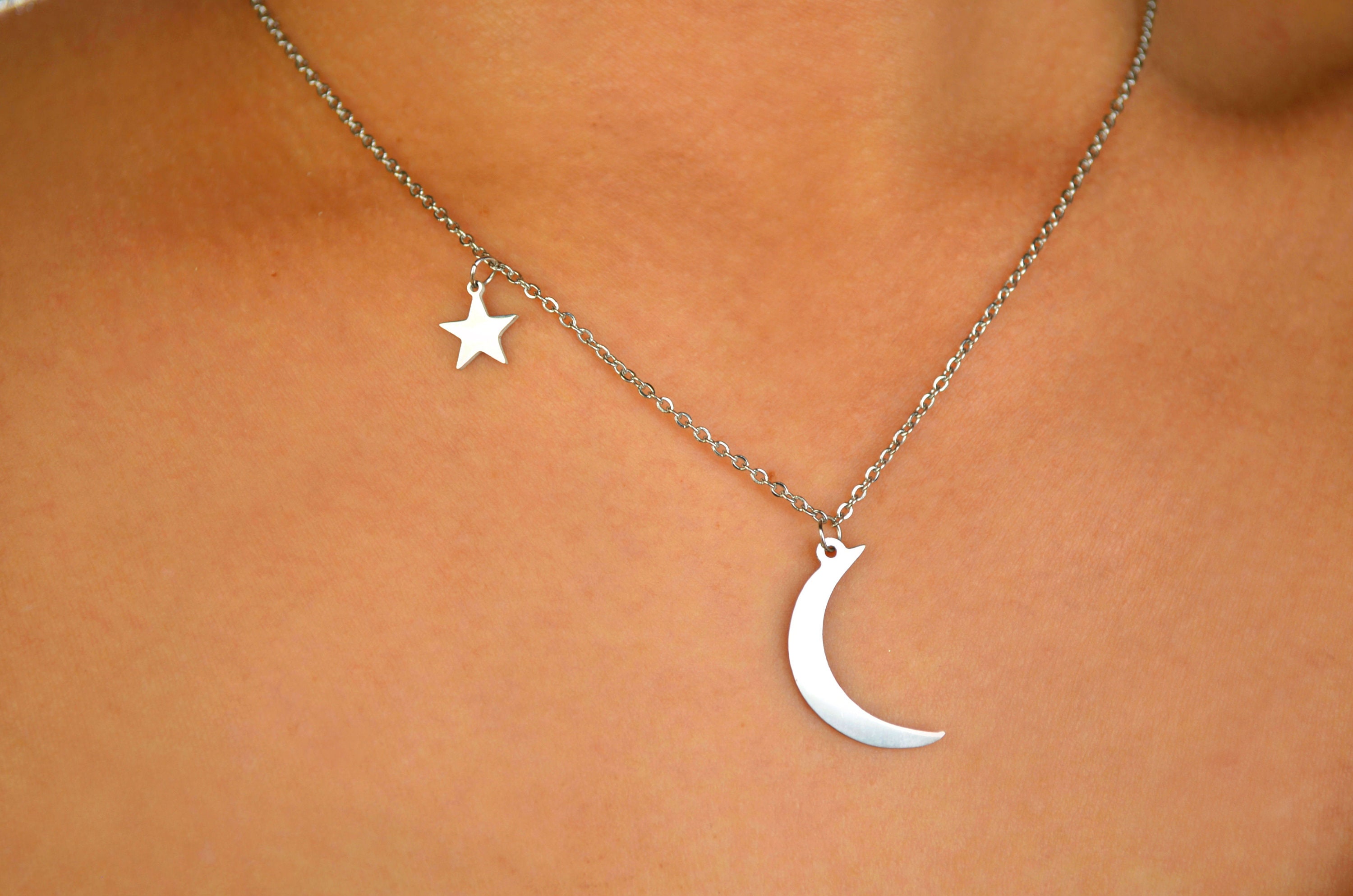 Silver Moon Star Stainless Steel / Moon and Star Necklace / Silver
