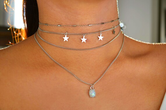 Opalite Star Choker with Silver Accent Stars Semiprecious Opal Glass Gemstone Adjustable Silver Choker Celestial Jewelry