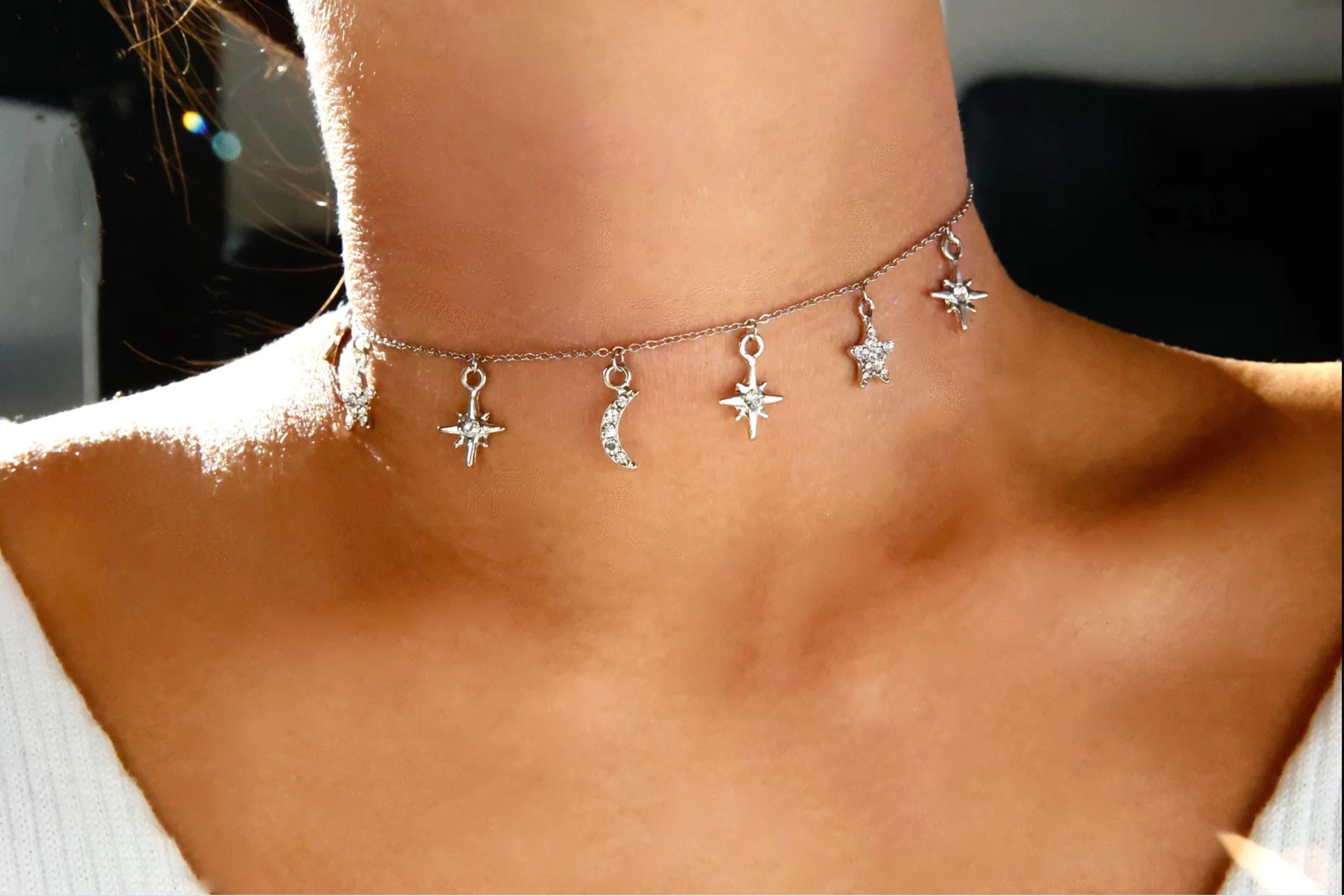 Celestial Dangling Charm Choker: Moon and Star Rhinestone Necklace 