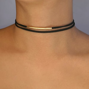 silver or gold bar suede choker / black leather choker / black velvet choker/black suede choker / classy choker / double black choker image 2