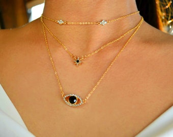 gold eye necklace set / evil eye necklace / gold layered necklace / dainty gold eye necklace / stacking necklace / delicate gold necklace