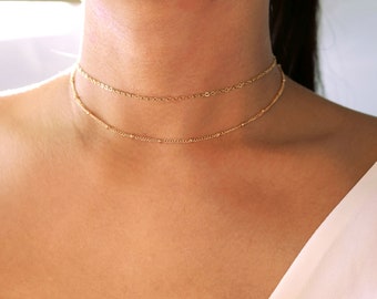 elegant gold or silver layered choker necklace, minimalist dainty simple chokers, double two layer chain jewelry gift for her, delicate cute