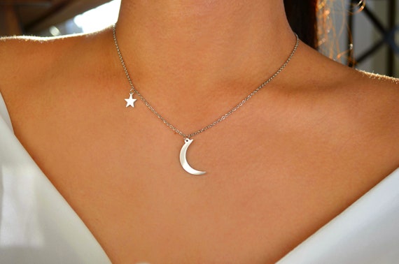 Silver Moon Star Stainless Steel / Moon and Star Necklace / Silver 