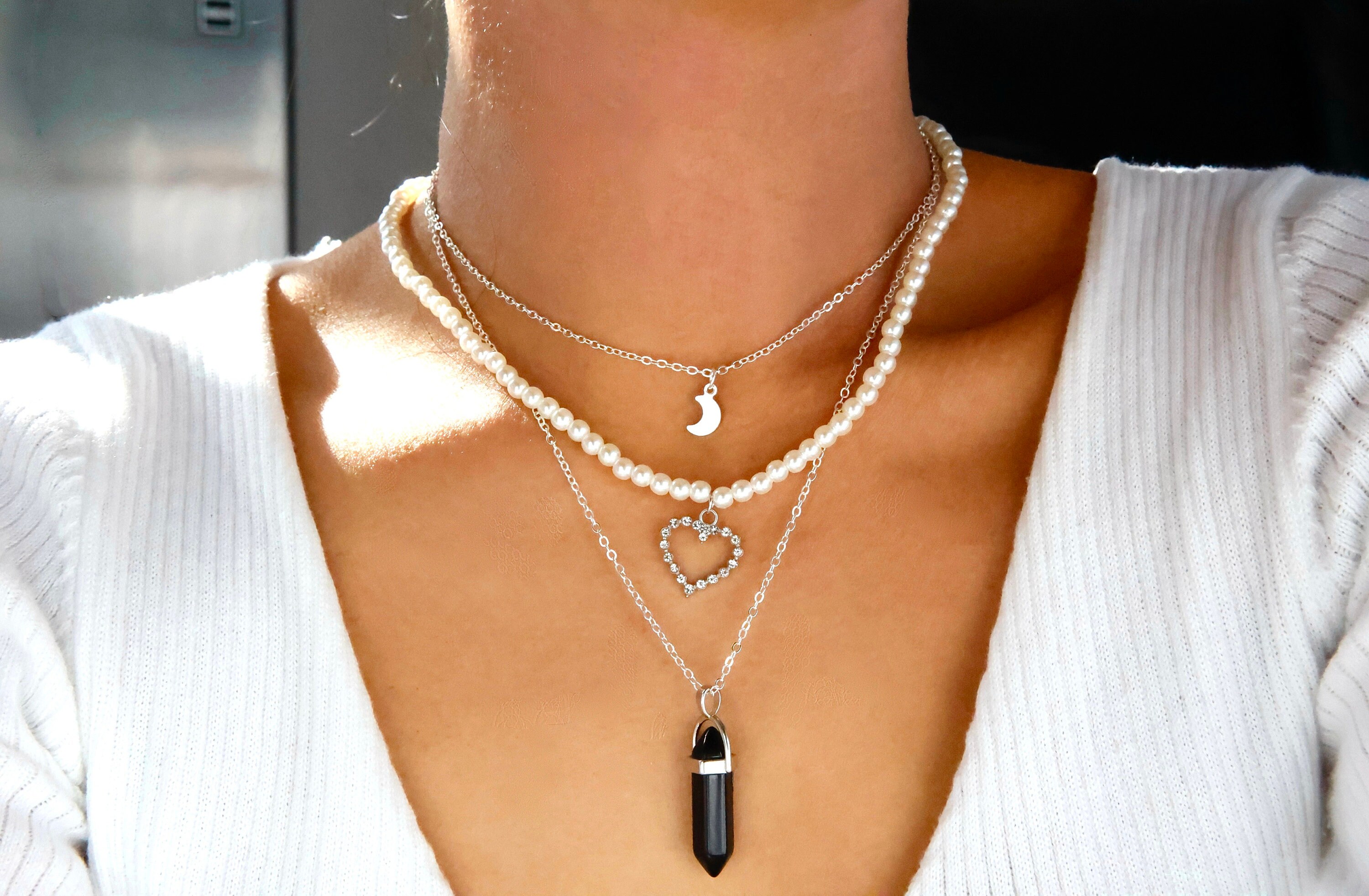 [GET ME BLING] 韓国☆Color Heart Pearl Necklace Pearl Heart Rhinestone Necklace / Pearl Heart Charm Necklace