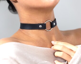 Black O Ring Choker: Black Vegan Leather Metal Adjustable Day