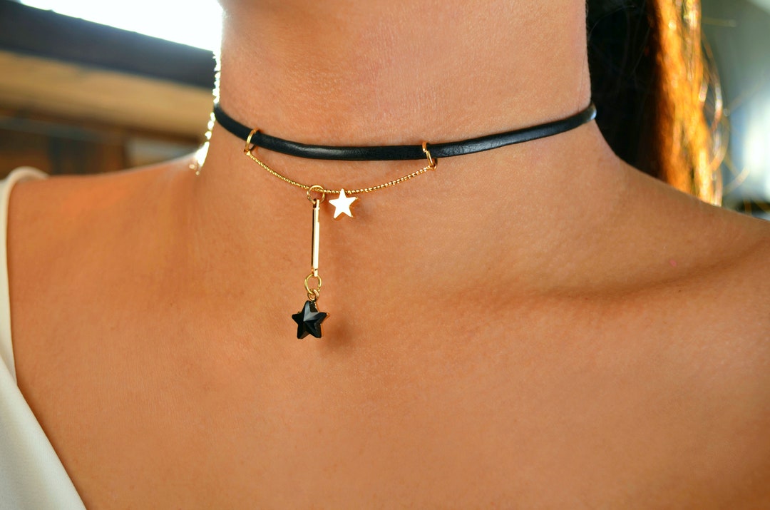 Black Leather Dangling Star Choker: Dainty Black Celestial Collar