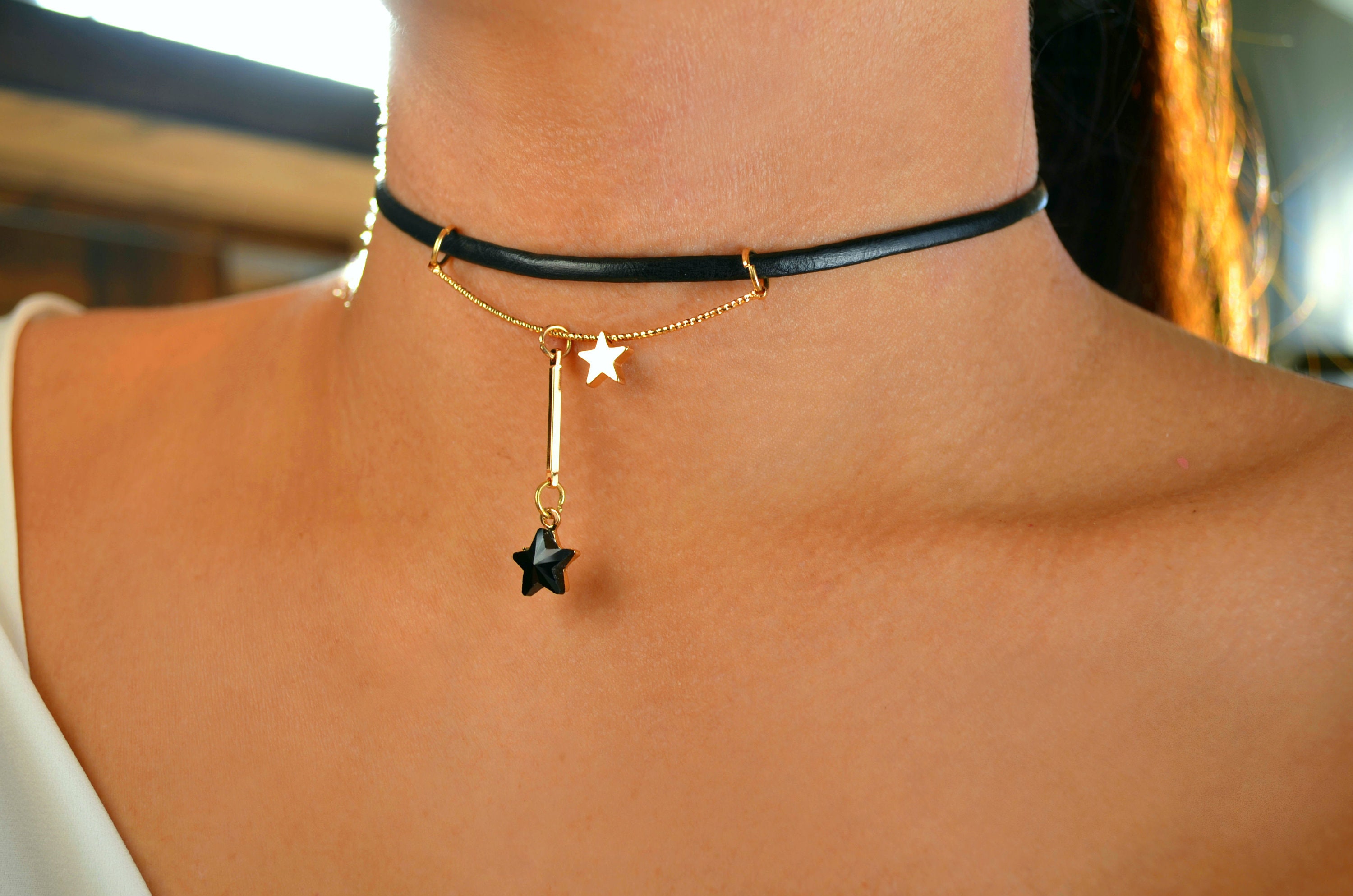 Black Leather Dangling Star Choker: Dainty Black Celestial Collar