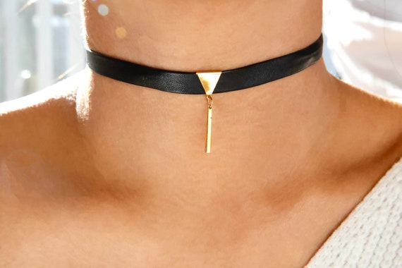 Gold or Silver Black Leather Luxe Choker / Black Leather