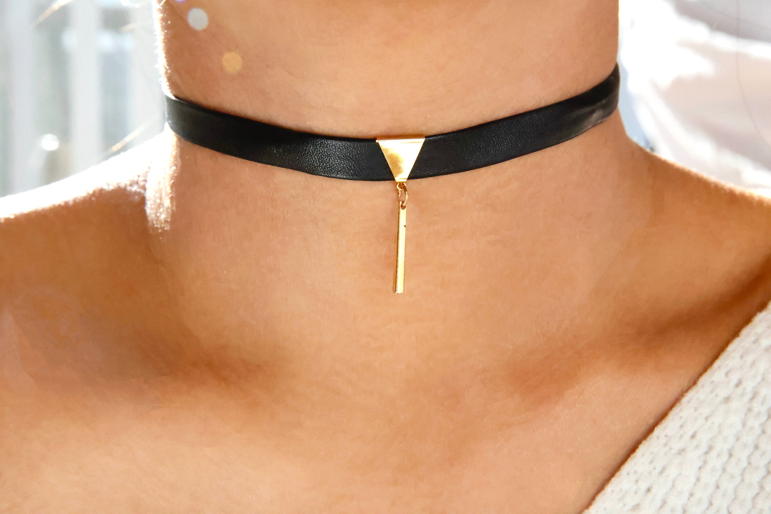 Gold or Silver Black Leather Luxe Choker / Black Leather