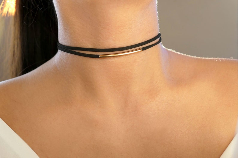 silver or gold bar suede choker / black leather choker / black velvet choker/black suede choker / classy choker / double black choker image 6