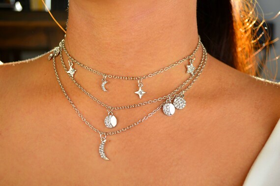 Silver Moon Star Set Star Choker Moon Choker Silver Choker Silver Moon Choker Silver Star Choker Choker Necklace Lunar Jewelry Etsy UK