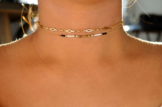 two-in-1 dainty choker set, delicate thin layering necklace, layered seed bead jewelry, geometric stacking unique gift for her, trendy