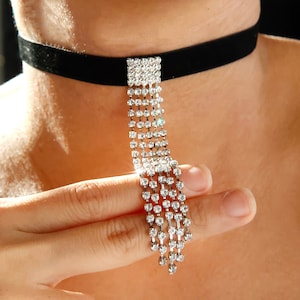 Silver Rhinestone Tassel Black Choker: Velvet Choker with Falling Diamonds Charm