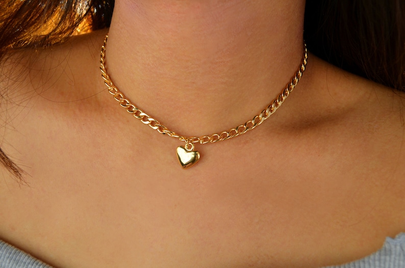 Gold Heart Curb Link Choker / Gold Heart Choker Necklace / Etsy
