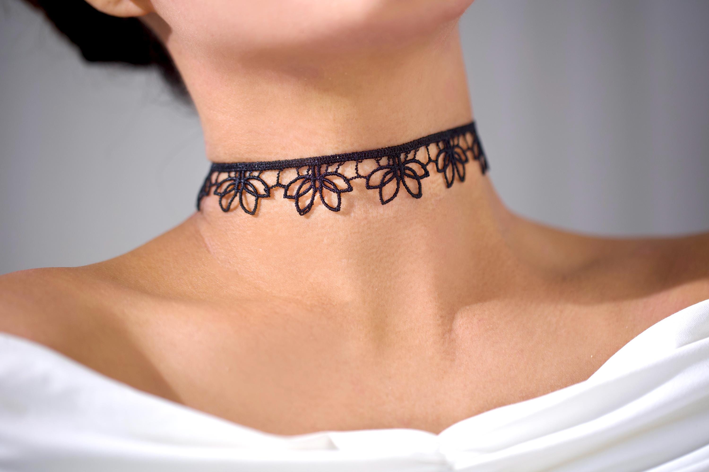Black Lotus Floral Choker, Sacred Water Lily Lace Flower Detailed