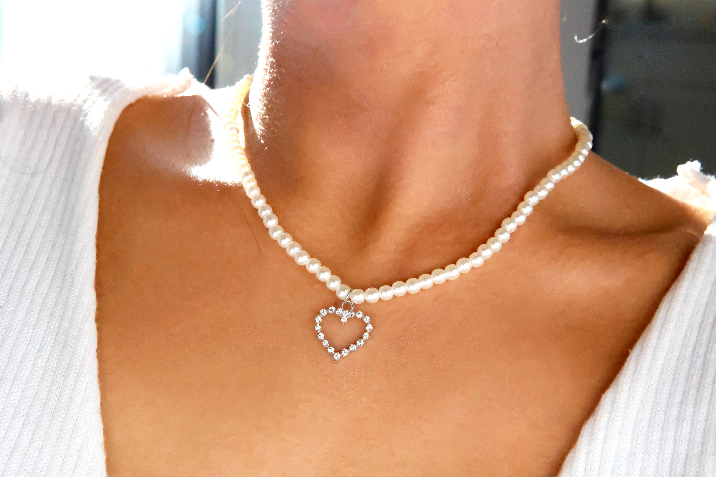 Pearl Heart Rhinestone Necklace / Pearl Heart Charm Necklace