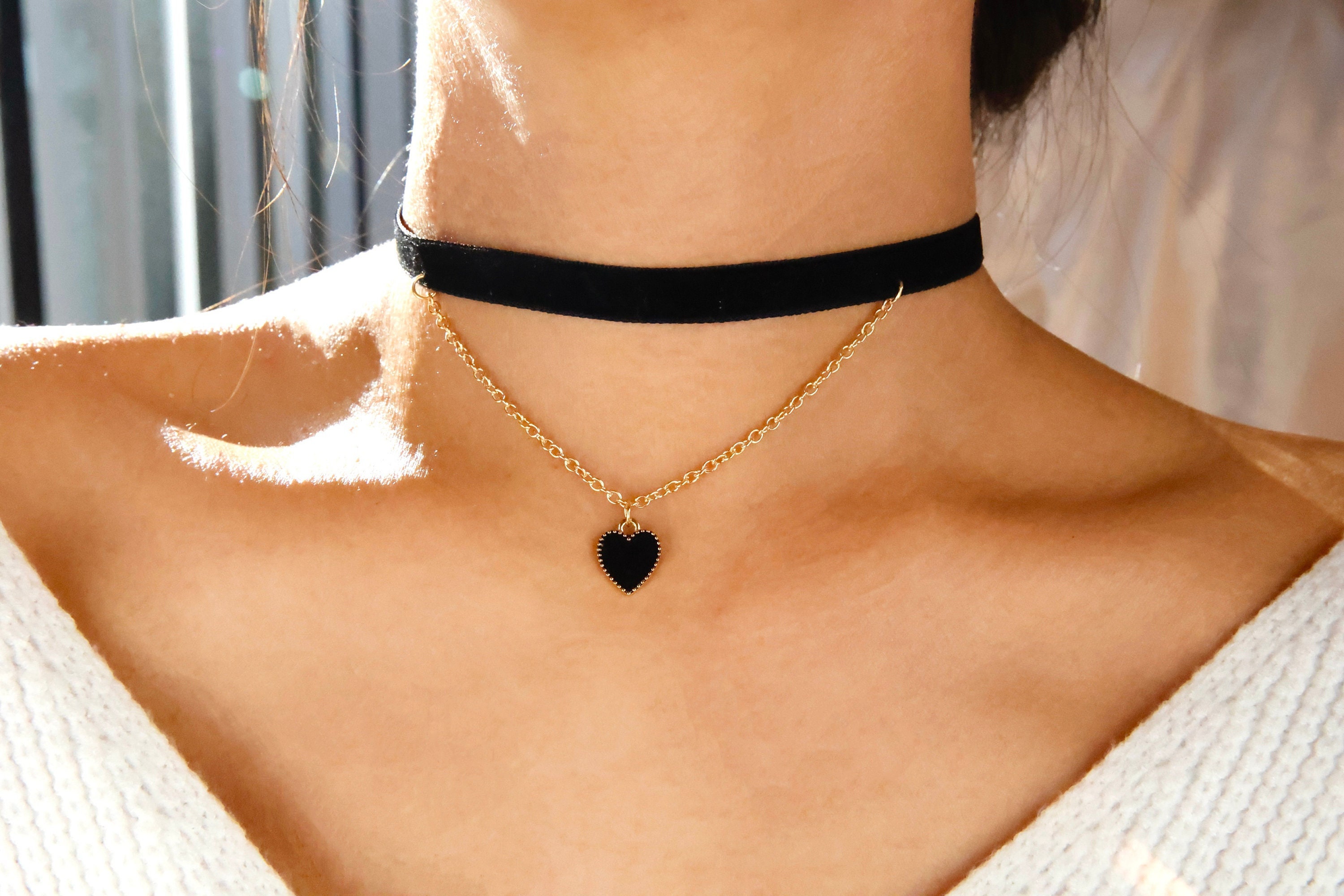 Black Velvet Heart Choker: Choker With Dangling Heart Charm - Etsy