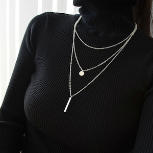 May include: A layered silver necklace with a small round pendant and a long, thin bar pendant.