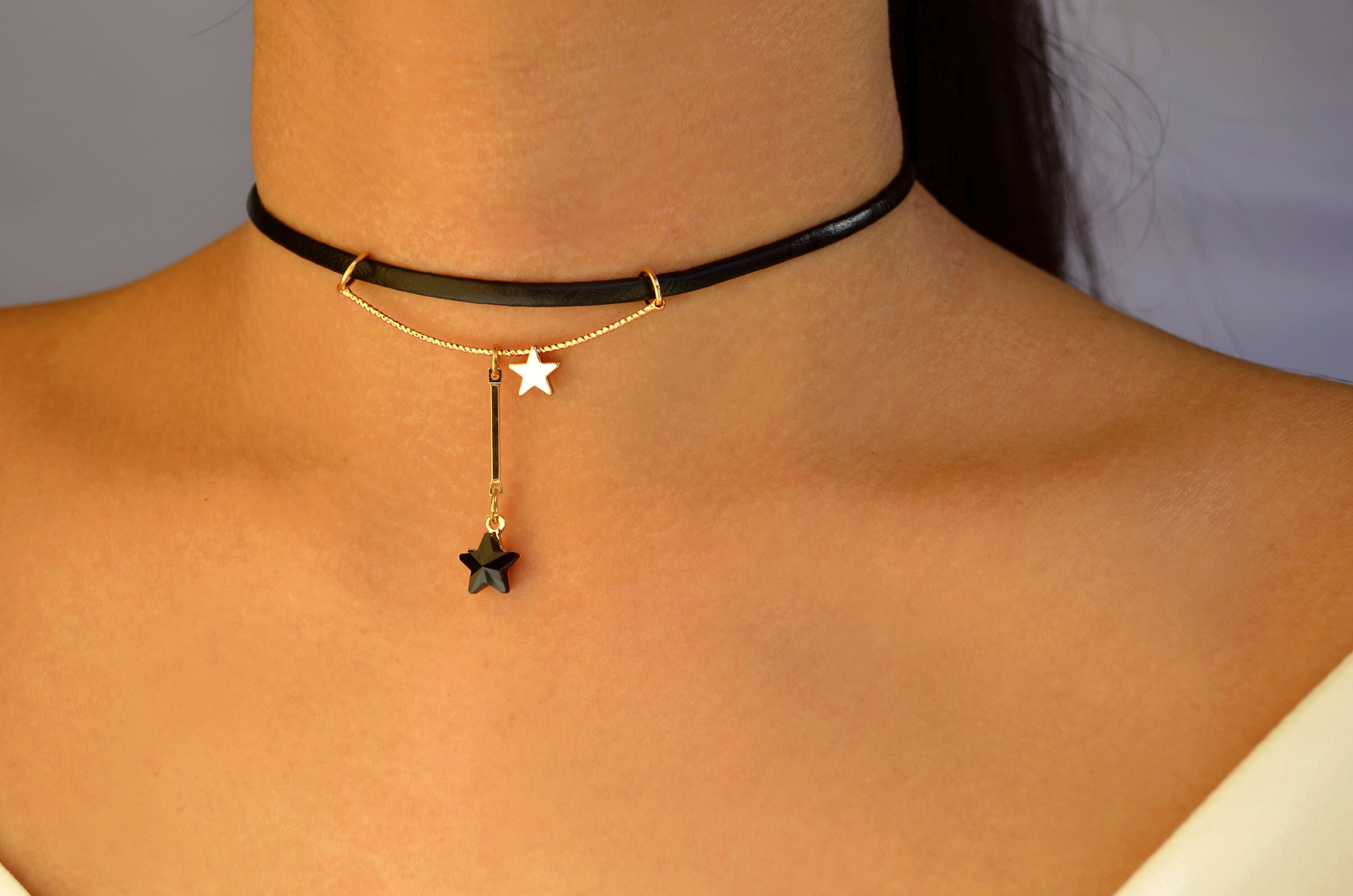 Black Leather Dangling Star Choker: Dainty Black Celestial Collar 