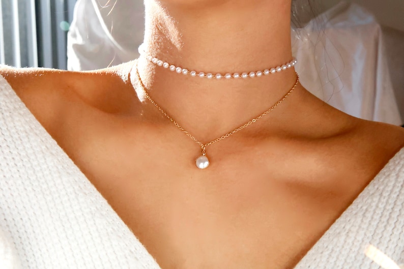 Perlen-Halsketten-Set / goldene Perlenkette geschichtet / silberne Perlenkette geschichtet / Brautjungfern-Perlenkette / Brautjungfern-Perle Bild 8