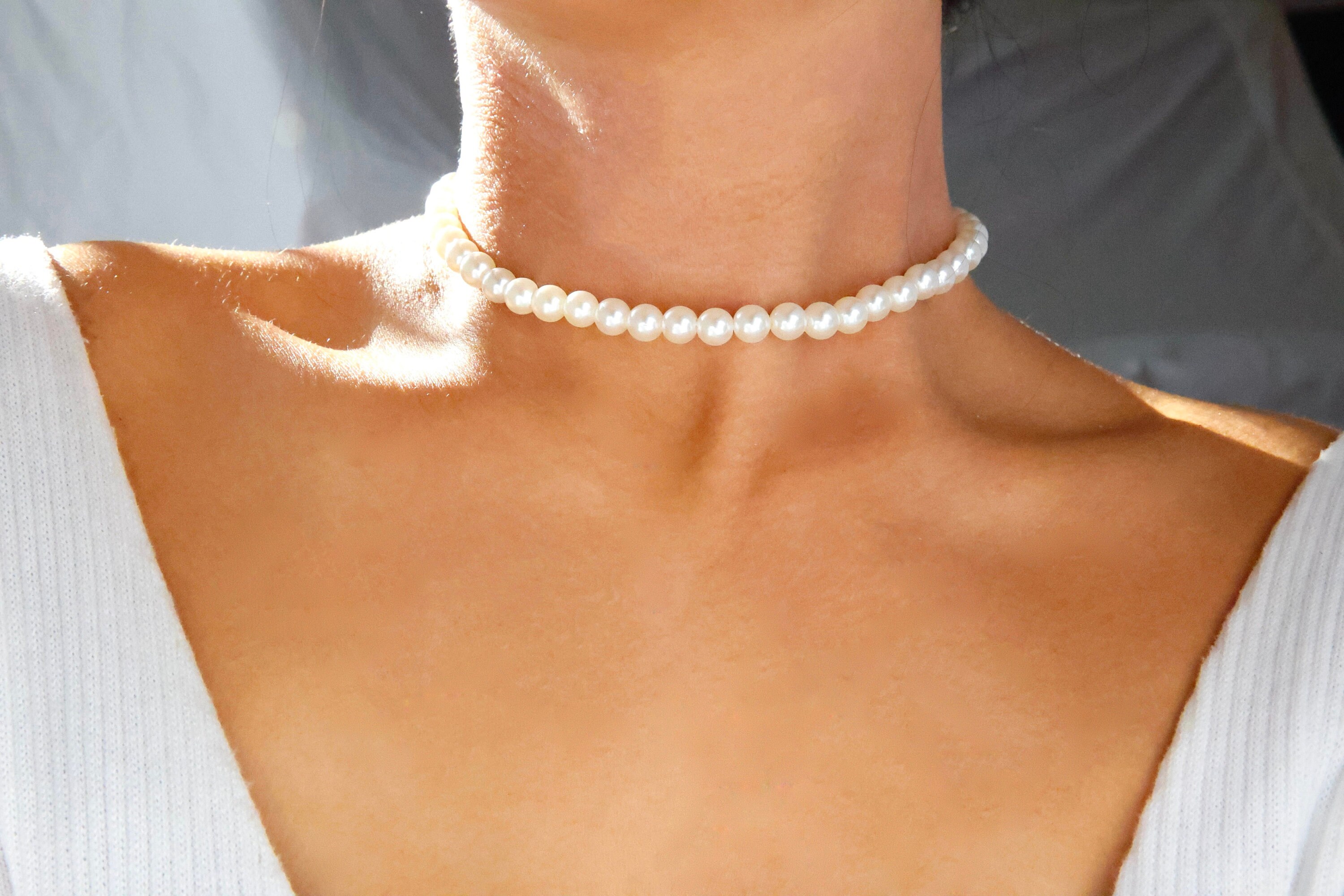 Collier Ras Du Cou éventail Perles Imitation - Bijou Superposé Blanc, Longueur ~42 Cm, Pour Mariage Soirée Cosplay
