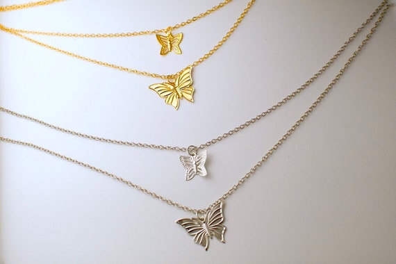 2 COLORS Layered Butterfly Pendant Necklace, Gold Silver