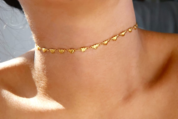Gold Hearts Stainless Steel Choker, Dainty Repeating Heart