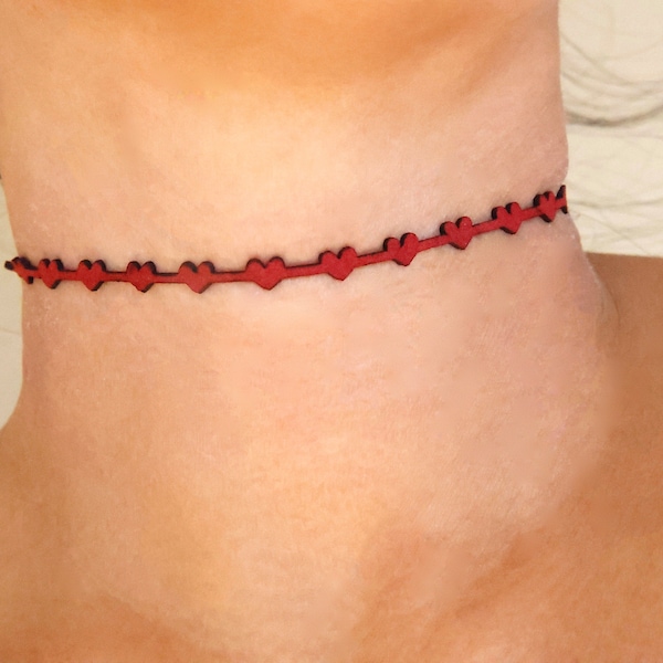 dainty red hearts suede choker / dainty red suede choker / red heart pattern choker / red heart velvet choker /red heart leather choker/gift