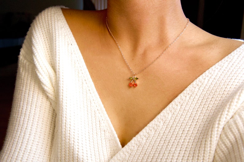 dainty rose gold cherry necklace / dainty cherry pendant necklace / cherry diamond necklace / cherry necklace gift / red cherry pendant image 4