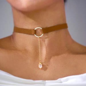 Brown Suede O Ring Choker: Beige Collar with Diamond Lariat Charm