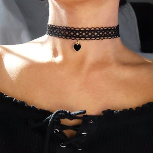 velvet lace choker heart charm / black velvet choker dangling heart / black choker heart charm /thick black velvet choker/thick black choker image 5