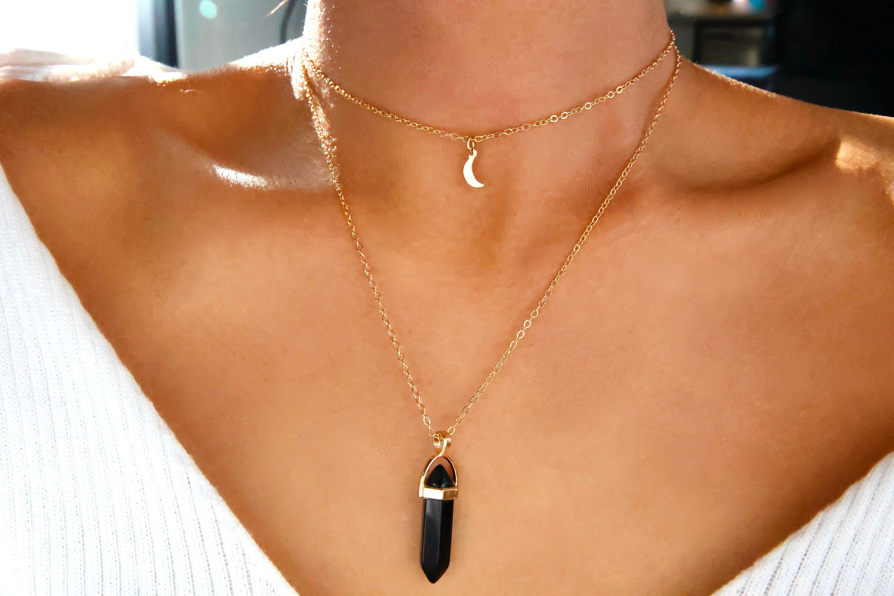 2 COLORS, Black Bullet Crystal Layered Necklace / Black