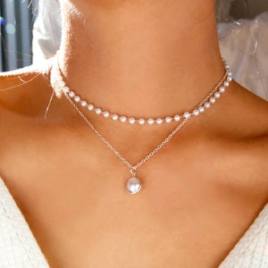 Perlen-Halsketten-Set / goldene Perlenkette geschichtet / silberne Perlenkette geschichtet / Brautjungfern-Perlenkette / Brautjungfern-Perle Bild 7