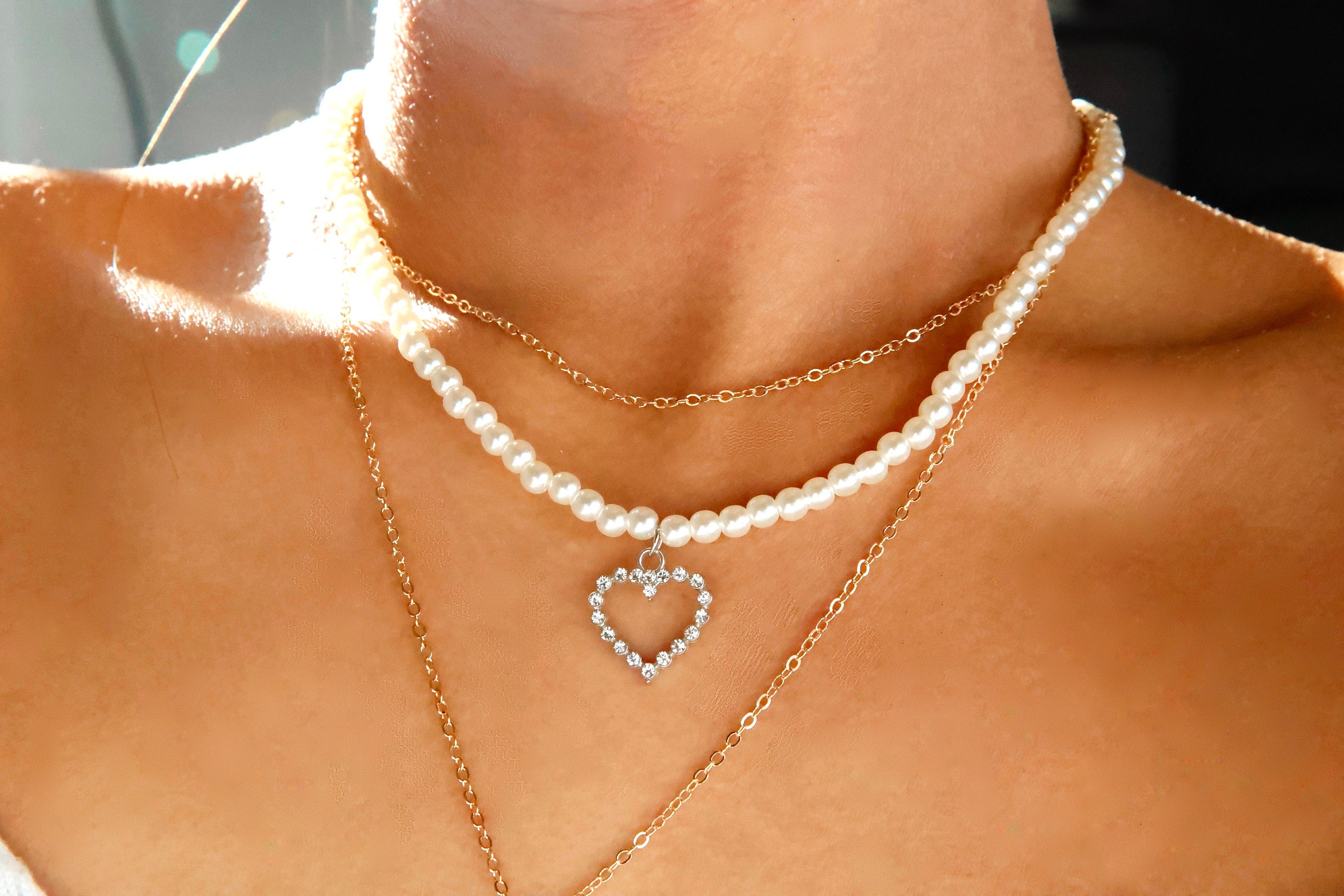 [GET ME BLING] 韓国☆Color Heart Pearl Necklace Pearl Heart Rhinestone Necklace / Pearl Heart Charm Necklace